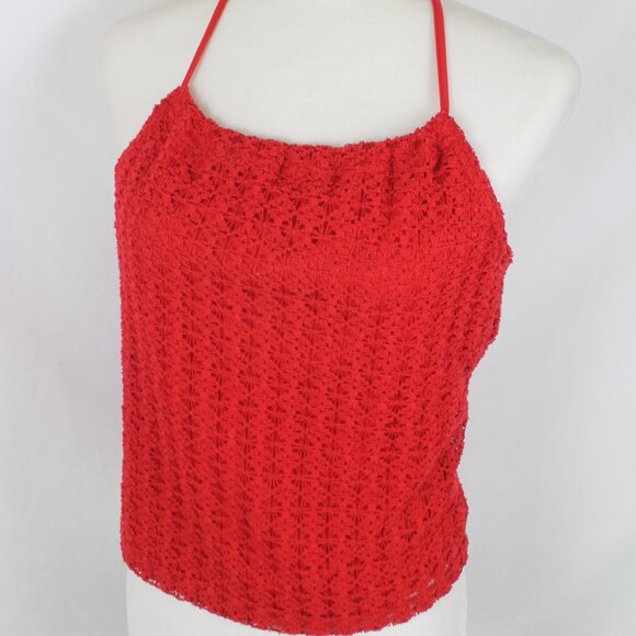 Vintage TWO ROADS Halter Tank Top Woman Size Large Red Lace Cropped Drawstring - Picture 4 of 9